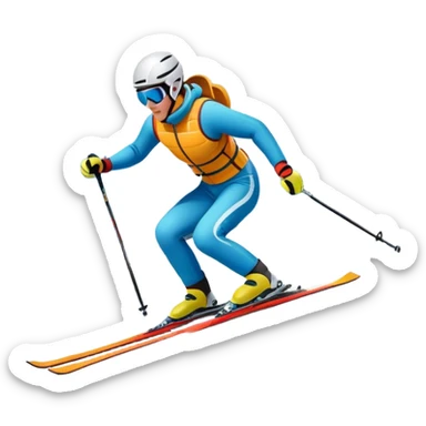 An icon featuring a skier racing down a snow-covered slope, surrounded by snowy peaks and pine trees. The design includes ski poles, bright winter gear, and dynamic motion lines, capturing the thrill and speed of alpine skiing. Transparent background sticker