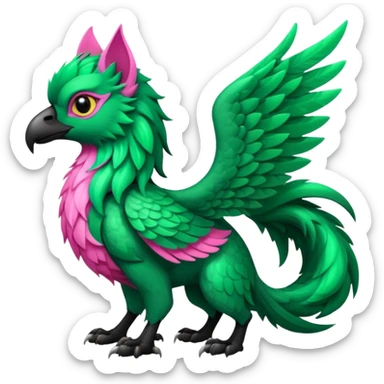 Emerald-green gryphon with a long tufted tail, black beak, pink swirly pattern markings, black claws, black tail, majestic, realistic, furry (full body) sticker