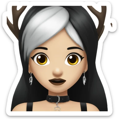 Portrait. Goth, deer girl. Wearing a black sleeveless dress with a choker. She has White antlers and deer ears. Long Black hair. She looks angry sticker
