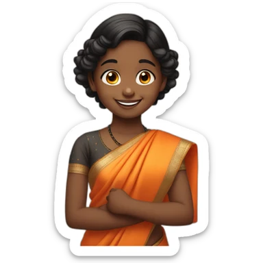 smiling and pointing 3 years old dark skin indian girl with black curly hair in pigtails wearing a orange saree sticker