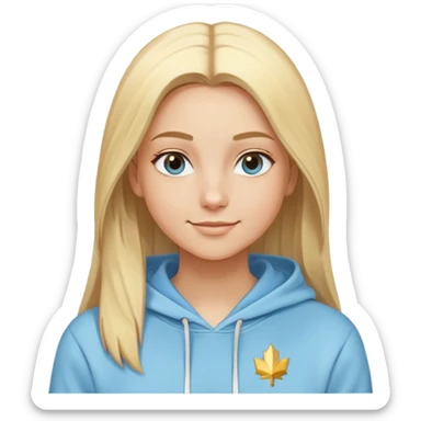 Woman with blonde straight hair and side part, serene smile, dreamy eyes, wearing a light blue fantasy-sporty hoodie with golden and white details sticker