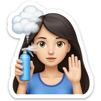 Emoji-style illustration of a woman with long dark hair, front-facing, simple rounded facial features, big expressive eyes, flat vector shading. A hand is spraying hair spray from a small aerosol can toward her hair, visible mist/spray particles in the air.  sticker