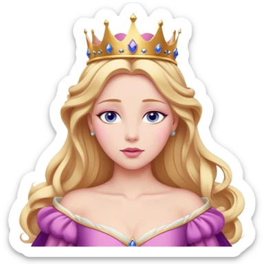 Cinematic Realistic Sleeping Beauty (Aurora) Portrait, with porcelain-like skin featuring a natural rosy flush, illuminated by soft lighting that highlights the gentle contours of her face. Her golden blonde hair flows in soft, detailed waves with subtle highlights that shimmer in the light. Her deep violet-blue eyes radiate warmth and innocence, framed by arched brows and long lashes. Her serene expression exudes quiet elegance. She is dressed in her classic pink gown, the fabric rich in texture with delicate folds that catch the light. A golden crown rests atop her head, gleaming with royal refinement. The portrait captures a soft, glowing aura, blending realism with an ethereal sense of beauty and timeless enchantment. sticker