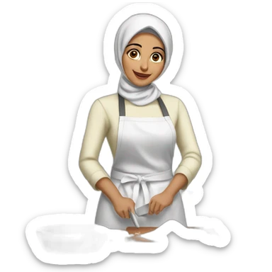 A fair skinned Hijabi Muslim woman wearing a white apron, mixing cake batter, standing behind a messy, kitchen, counter top with the ingredients on the table sticker