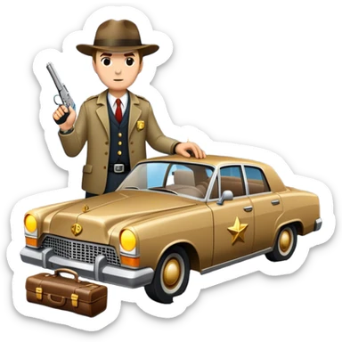 Icon for Action & Crime Reading: an open book with dramatic crime scenes—bullet holes on pages, a detective badge, a revolver, and a getaway car. Surrounding elements include a briefcase with cash and a flickering streetlight. Transparent background. sticker