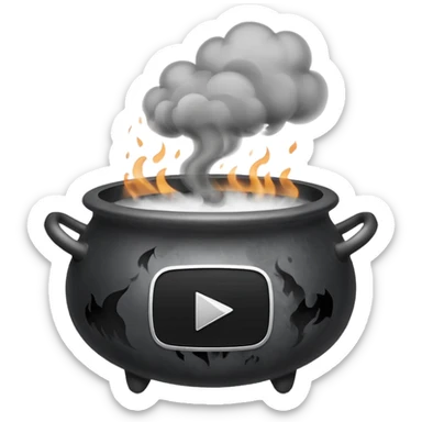 A black cauldron with lot of smoke rising, and the white YouTube play button logo floating above the smoke sticker