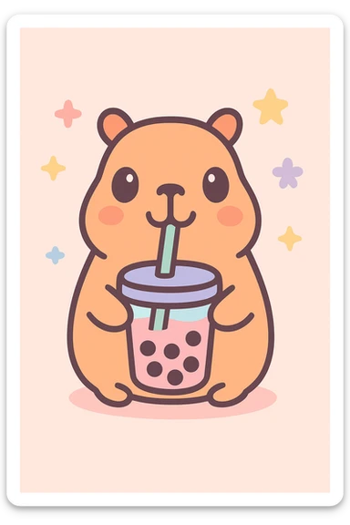 a fun and cute capybara drinking boba tea, playful and charming, adorable and friendly, with a straw and tapioca pearls visible sticker