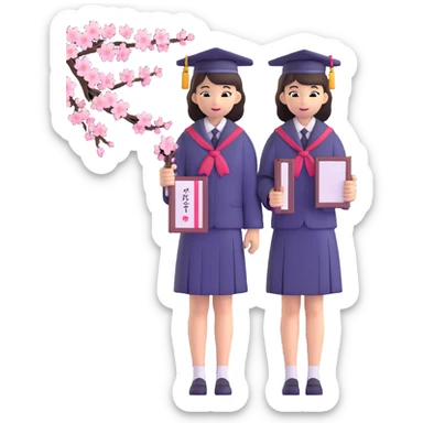 Japanese female high school graduate in school uniform with cherry blossoms and diploma sticker