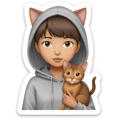 a asian girl with short brown hair and bangs holding an Abyssinian cat， wearing grey hoodie sticker