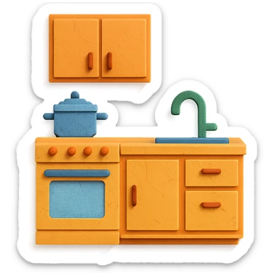 kitchen room with stove, cabinets, and sink in paper craft style sticker