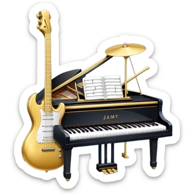 Create an elegant and artistic emoji that represents music arrangement and orchestration. The design should feature musical notes, a set of piano keys, a drum set, and an electric guitar to symbolize the diverse elements of orchestration and arrangement. Include a conductor's baton to emphasize the role of a conductor in bringing all the instruments together. Use a mix of rich colors like gold, silver, and deep blue for sophistication, and add flowing lines to represent the harmony between different instruments. The background should be transparent. sticker