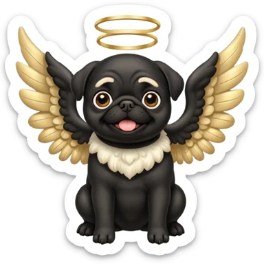 Black pug with big fluffy cream colored angel wings with gold dust on them sticker