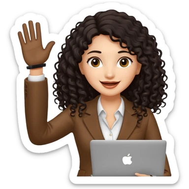 medium deep tan brown business woman with long black curly hair, waving hand with happy face and holding a laptop sticker