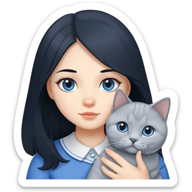 A girl with long black hair is holding a blue and white British shorthair sticker
