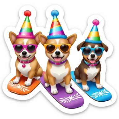 3 dogs snowboarding birthday party sticker