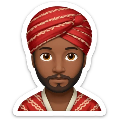 A dark-skinned man with brown eyes, a short beard, and a calm look, wearing a red patterned turban. sticker