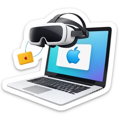 VR headset connected by a wire to a laptop. On the laptop screen, a VR/AR modeling program is open. Floating 3D models or virtual objects. Modern, tech-inspired colors. No emojis or smiley faces. Transparent background. sticker