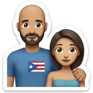 Comforting hug from brunette Puerto Rican with dark brown eyes wearing a cute blue top to short, bald man with brown eyes and a beard sticker