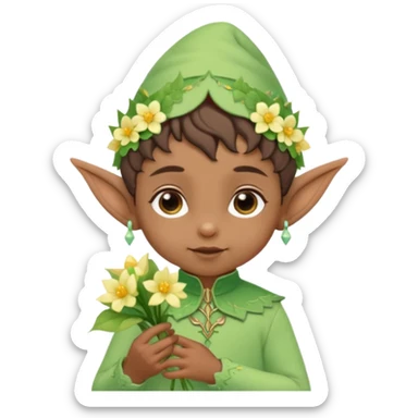 Tiny elf baby brown skin with pointy ears and hat, pastel green outfit, hold flowers sticker