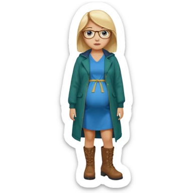 18 year-old pregnant between blonde and brown haired girl with golden glasses with blue eyes in a long bright blue dress and a dark green jacket over the dress and brown boots standing sassily sticker