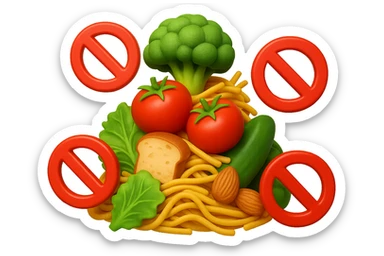 EMOJI STILE IPHONE DI UNa montagna di cibo sano tipo broccoli, pomodori, pasta ecc con divieti 3d sparsi, IPERREALISTICO 4K sticker