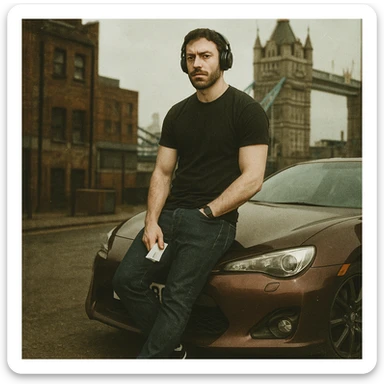 Grunge-style analog photo, London 2025, person inspired by the reference image leaning against a Nissan GT 86, model pose, black t-shirt, jeans, Nike Air Jordan low, using flash, urban background, analog grain, 3/8. sticker