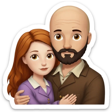 Couple. Bald man with dark brown-black beard. White woman with many small, faded freckles, she has white skin and she has auburn-yellow-brown-cinnamon, dark long hair. She has light brown eyes. The man have hazel eyes. Retro style. They hug. sticker