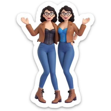 3D animated drawing of a slim, light-skinned woman with wavy black hair and square-shaped glasses, wearing a black corset dress with a brown leather jacket, blue jeans, and brown ankle boots, smiling and waving sticker
