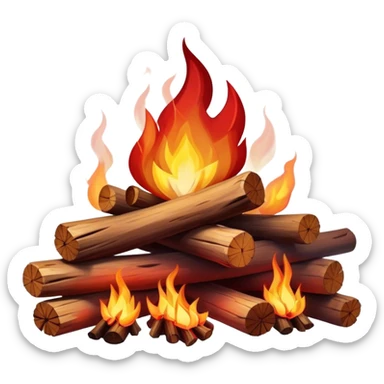 Cinematic Realistic Campfire, a roaring flame crackling atop carefully arranged logs, embers glowing deep red, golden light casting soft flickering shadows, gentle smoke drifting upwards, glowing with warmth and coziness. sticker
