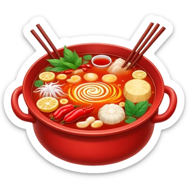 Chinese hot pot, bubbling red spicy broth with variety of ingredients, emoji style sticker