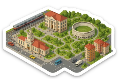 Изометричная миниатюрная фотореалистичная 3D модель панорамы Краснодара - вокзал Краснодар, КубГМУ, парк Краснодар со стадионом, краснодарские дома, автотранспорт четкие линии, яркие цвета, мультяшный реализм, люди, автотранспорт, компактная композиция, вид сверху в изометрии, прозрачный фон sticker