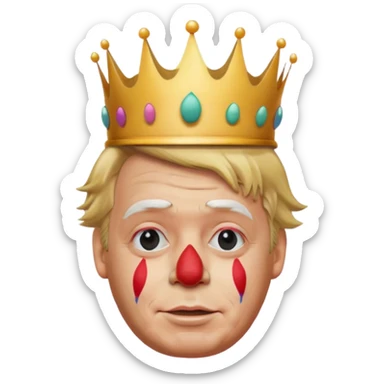 highly detailed, photorealistic Donald Trump as a clown no neck or body, face slightly turned to the right. Skin texture, lighting, and facial details should be ultra-realistic, resembling a professional 3D render must look exactly like him. Transparent background. tiny cartoon crown on his head

 sticker