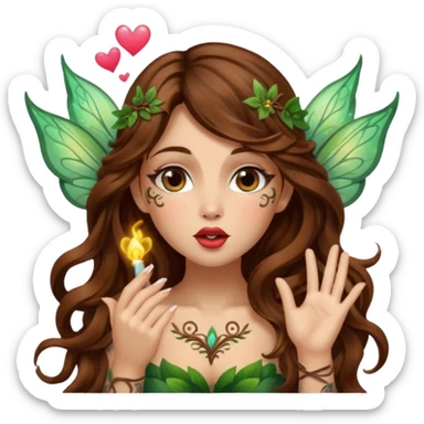 forest fairy woman long wavy brown hair tattoos blowing glowing kiss sticker