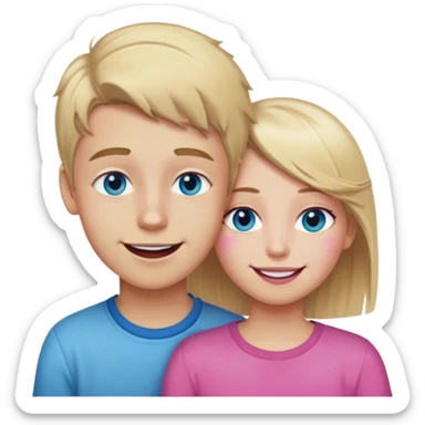 dirty blonde boy with blue eyes smiling with mouth closed next to girl with blonde hair and a few pink highlights and brown eyes also smiling sticker