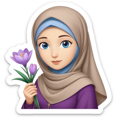 Turkish beautiful finish Konya girl blue eyes with crocus flower hijab long tail dress and hold crocus flower on hand  sticker