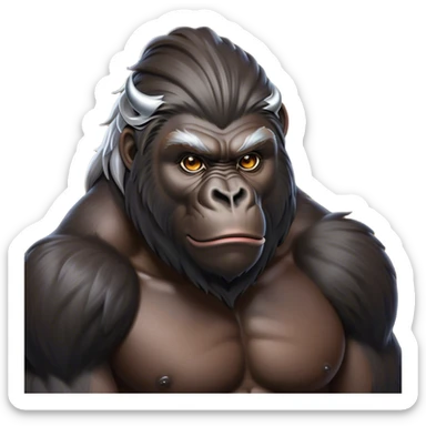 Cinematic Noble mountain Gorilla Portrait Emoji, Poised and majestic, with a powerful, muscular frame accentuated by a distinguished silver mane and piercing, wise eyes, Simplified yet sharp and sophisticated features, highly detailed, glowing with a soft, regal jungle glow, high shine, intelligent and commanding, stylized with an air of imperial strength, focused and resolute, soft glowing outline, capturing the essence of a watchful guardian that feels as though it could step out of the screen with effortless authority! sticker