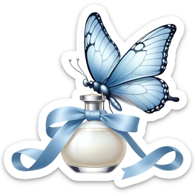 A pearl-colored butterfly, its wings dusted with a whisper of silver, rests gently on the loop of a powder-blue silk ribbon. The ribbon, wrapped around the stem of a crystal perfume bottle, catches the flickering candlelight, while another butterfly, lighter than air, flutters delicately in the background, leaving behind an invisible trace of magic. sticker