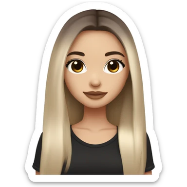 Slavic girl, light skin, long eye lashes, pink beige lips, brown eyes, long black-to-blonde ombre straight hair, black T-shirt, chibi, smiling. sticker