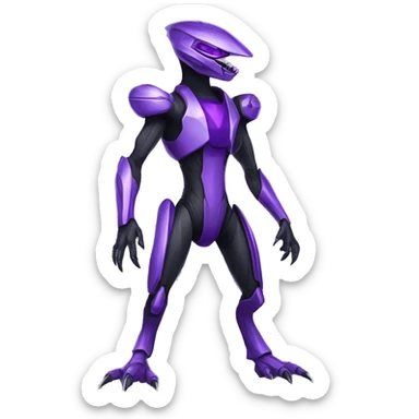 a shiny black-purple Genesect-Raptor-Fakémon—hybrid with a futuristic visor-helmet full body sticker