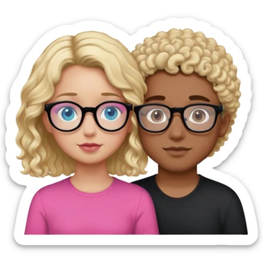 intimate moment between lovers, boy he has, blonde hair black glasses and blue eyes and a black shirt, Girl with a mixed skin tone, she has dark brown curly hair, pink glasses, and a pink shirt, the girl doesn’t have blonde hair, the boy had blonde hair sticker