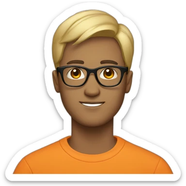guy with black glasses dirtyblonde short hair with orange sweatshirt sticker
