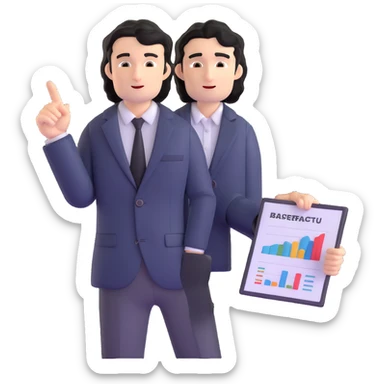 Business strategist man with black wavy hair, stubble, chiseled face, wearing blazer and button-up shirt, standing and pointing at charts while consulting with seated clients, confident leadership expression sticker