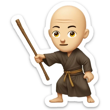 An illustration of a bald monk in traditional robes, mid-action, wielding a wooden staff. He strikes with precision, showing focus and strength, in a cartoon-like style sticker