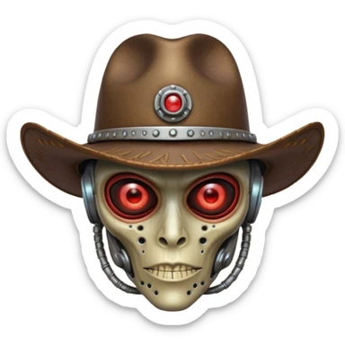 Close-up portrait of a biomechanical alien cowboy, half organic half robotic face, metallic textures blending with alien skin, glowing red eye, futuristic cowboy hat, moody lighting, ultra realistic detail, cyber-western style
 sticker