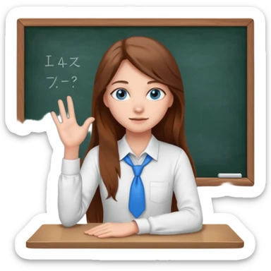 high school class room with a pretty female high school student with long brown hair, blue eyes sitting in front of the blackboard sticker