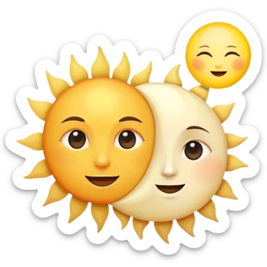 a really bright  big sun and a small moon who shines because of it. the sun is bigger and the moon bright too beside it sticker