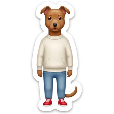 Brown dog standing upright with hands in jean pockets, wearing a white sweater and red shoes sticker