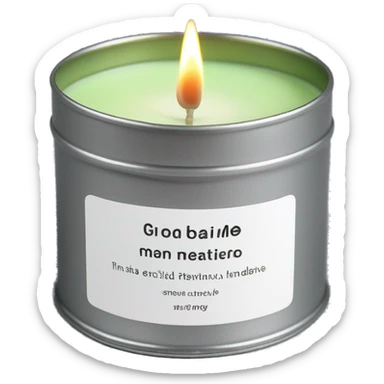 lit matcha scented candle in a silver tin with a small white label realistic sticker