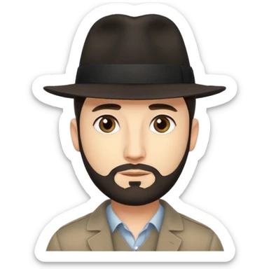 A light-skinned man with short dark hair, thin straight beard, and a black fedora, with an oval face and calm look. sticker
