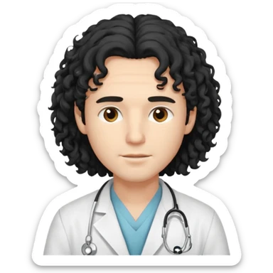 A young male slim doctor with long black curly hair hair which covered his forehead sticker